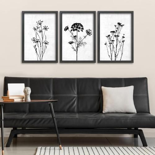 TQianJiang Flower Plant Wall Decor 16x11 Black And White Set of 3 | Botanical Painting, Wood Framed, Bedroom Office, Abstract Wildflower Sign Hanging Art