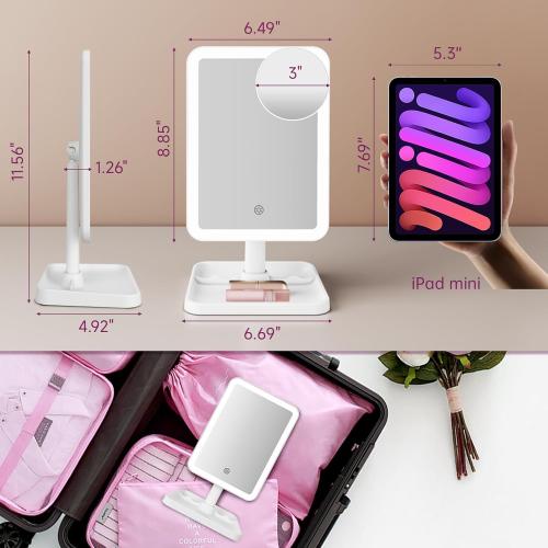 FUNTOUCH Rechargeable Lighted Mirrors for Makeup, 2000mAh, 10X Magnification/3 Color Lighting Portable Tabletop Cosmetic Make Up Mirror, 360° Rotation Led Light up Mirrors with Storage,White