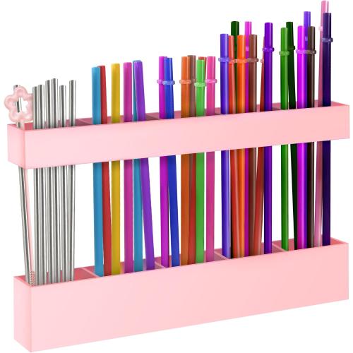 9.5” Large Acrylic Straw Holder for Cabinet Door, Adjustable Two-Part | Reusable Straws Organizer with Ultra Sticky Adhesive Strips, 2026 Straw Storage for Kitchen Cupboard (Rose Stone)