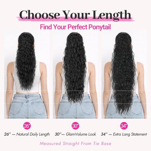 Black Hot Pink Curly Synthetic Drawstring Ponytail Extension | Lightweight 160g Natural Looking Heat Resistant Wavy Hairpieces for Women Daily Use Party 30 Inch Black Hot Pink Highlights