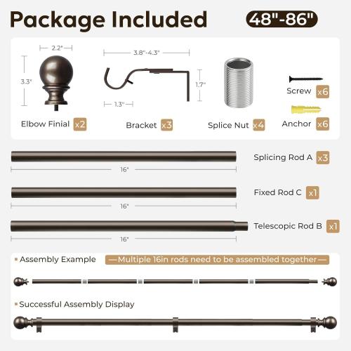 Zeerobee 1 Inch Adjustable Curtain Rods, 32-86, Antique Bronze