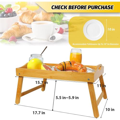 MorTime Bed Tray Table with Folding Legs, Bamboo Breakfast Tray with Handles for Bed, Sofa, Eating, Working, Foldable Laptop Desk Food Snack Tray Serving Tray