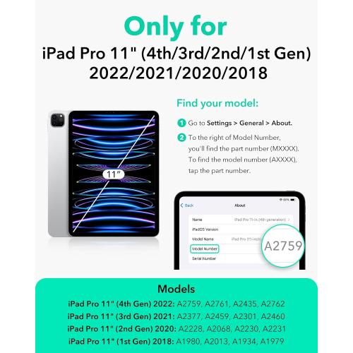 ESR for iPad Pro 11 Inch Case (2022/2021/2020/2018, 4th/3rd/2nd/1st Generation), Removable Magnetic Cover, Adjustable Portrait/Landscape Stand with Raised Display View, 9 Standing Angles, Black