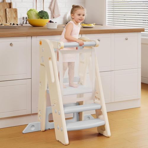 Onasti Foldable Toddler Tower Kitchen Stool Helper, Adjustable Height Learning Standing Tower with Safety Rail, Anti-Slip Steps, Kids Step Stool for Kitchen Counter and Bathroom Sink-Grey ‼️could be missing or broken pieces ‼️