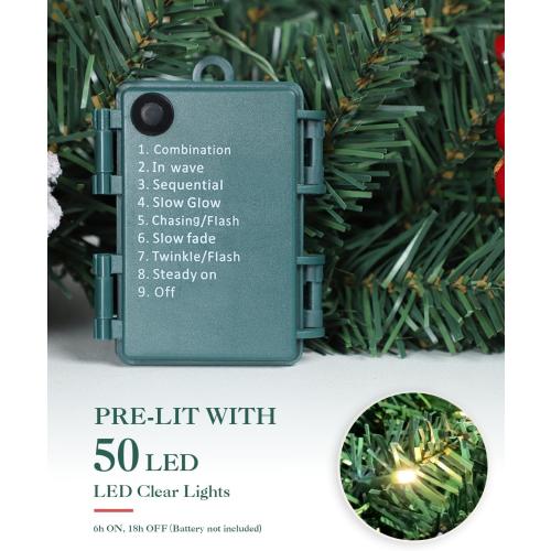 Pre-lit Christmas Garland, 9FT Lighted Christmas Garland Indoor with Red Berries & Pine Cone for Stairs Wall Door Outdoor Holiday Decor with Battery Operated Timer, Artificial Xmas Garland