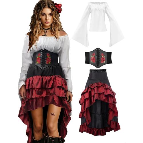 Size/L Verceco Pirate Costume Women Outfit with Renaissance Pirate Shirt Skirt Corset Waist Belt Womens Halloween Pirate Costumes (White Red, L)
