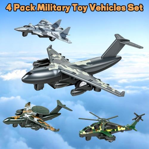 4 Pack Diecast Airplane Toys, Alloy Army Aircraft Plane Model Toys Camouflage Military Fighter Jet Helicopter Toy Pull Back Kids Play Vehicles for 3 4 5 6 7-9 Years Old Boys Girls Gift