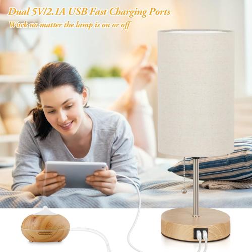 Lakumu Set of 2 Table Lamps with 2 USB Ports, Modern Bedside, Desk Lamps with Pull Chain, Nightstand Lamps with Cream Fabric Shade and Oak Metal Base for Living Room Bedroom Office Reading Dorm Hotel