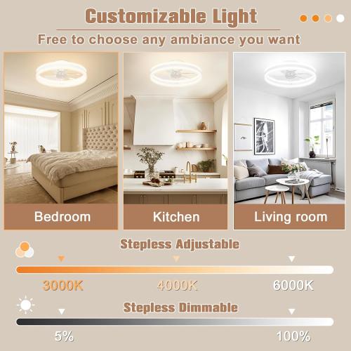 VOLISUN Fandelier Ceiling Fans with Lights and Remote, 15.7in Low Profile Ceiling Fan Flush Mount, 3000K-6500K Dimmable Bladeless LED Fan Light, White Modern Ceiling Fans with Lights for Bedroom