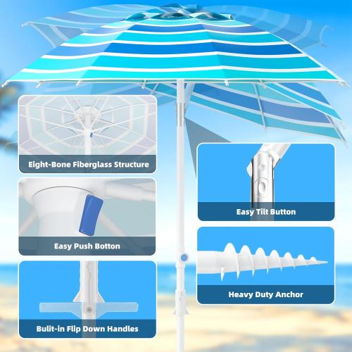 8FT Large Beach Umbrella with Heavy Duty Sand Anchor & Tilt Sun Shelter, Wind Resistance, UPF50  UV Protection, Waterproof Canopy, Portable for Beach Outdoor Patio Yard Garden Pool