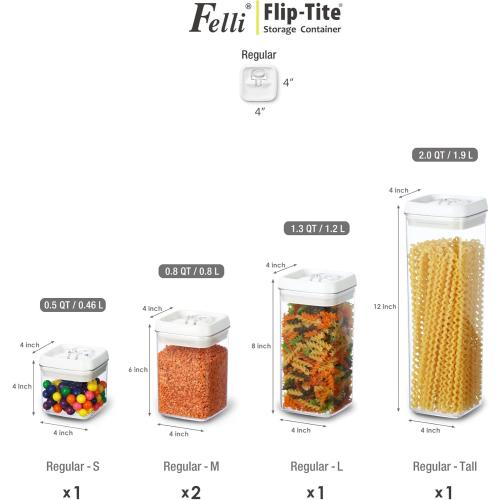 Felli Flip Tite Storage Container with Lid 4 Airtight Ring Seal Top, Stackable Acrylic Canister Jar Set for Kitchen Pantry Organizer, Food Spice Pasta Snack (5pk, Variety)