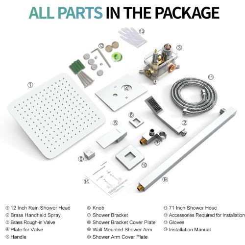 SR SUN RISE SRSH-D1203 12 Inches Bathroom Luxury Rain Mixer Shower Combo Set Wall Mounted Rainfall Shower Head System Polished Chrome Shower Faucet Rough-in Valve Body and Trim Included