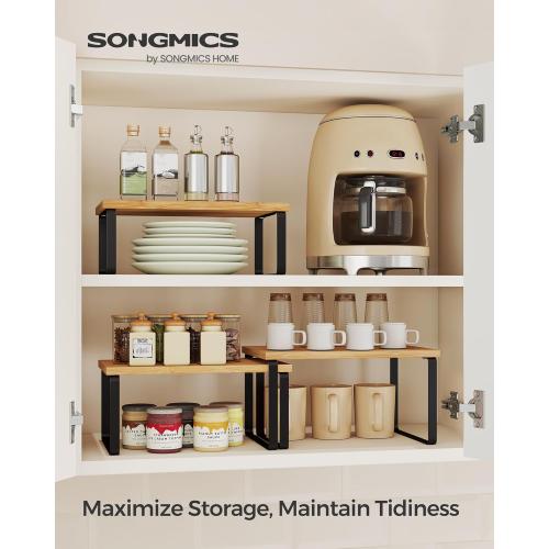 SONGMICS Cabinet Organizer Shelf, Set of 3 Kitchen Counter Shelves, Kitchen Storage, Spice Rack, Stackable, Expandable, Ink Black and Natural Beige UKCS014YL03