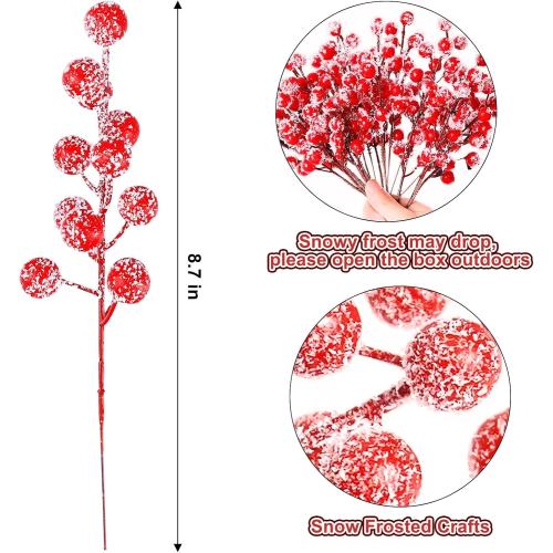 50 Pcs Holly Stems, 8.7 Snow Sprays Artificial Red Berry Stems, Holly Berry Picks for Christmas Tree Fillers Decor, Fake Red Berries for DIY Crafts Wreaths Garland Home Party Winter Decor