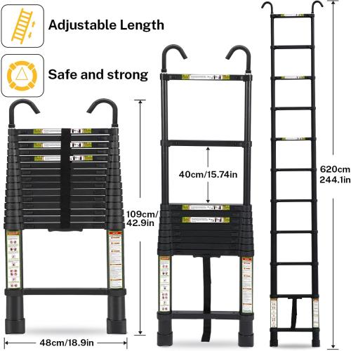 Telescopic Ladder, 20.34FT RIKADE Aluminum Telescoping Ladder with Stable Hook and Non-Slip Feet, Portable Extension Ladder for Household and Outdoor Working 330lb Capacity