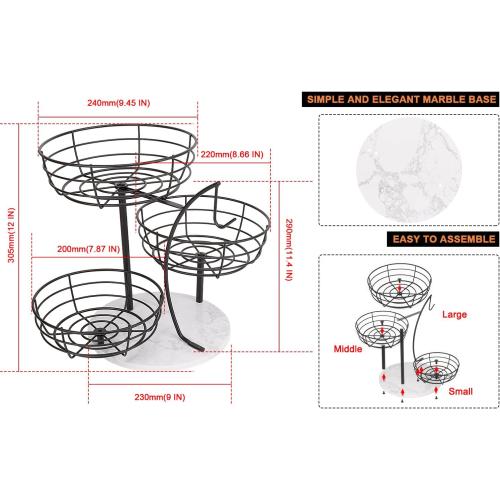 Livabber Fruit Basket Bowl with Banana Hanger, Metal Fruit Vegetable Storage Basket with Banana Holder for Kitchen Counter, Detachable Organizer for Bread Snack Produce (Black, 3-Tier Marble Base)
