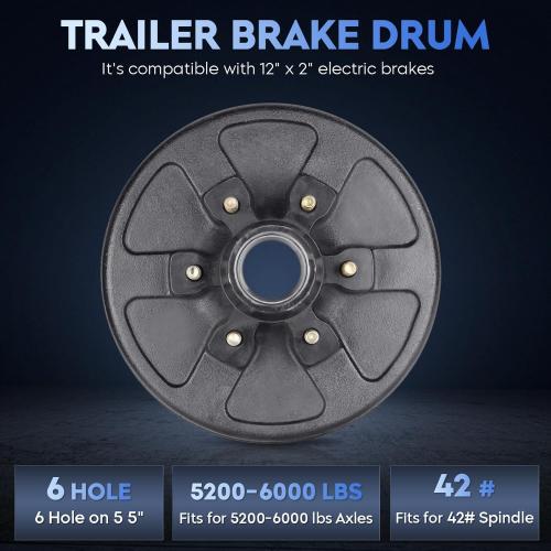 SEHNSUCHT Trailer Brake Drum Kit, 6 Hole on 5.5 Bolt Circle Brake Drum for 5200 lbs 6000 lbs Axles, Replacement 12 Brake Hub Drum Assembly for Rvs, Trailer, and Semi Truck