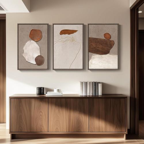 Large Framed Neutral Abstract Wall Art for Living Room, Set of 3 Rustic Beige Brown Canvas Prints Paintings Artwork for Walls, Minimalist Stone Pictures for Hallway Stair Office Wall Decor 24x36 Inch