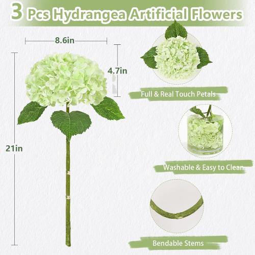 3Pcs Real Touch Hydrangea Artificial Flowers, 21 Fake Flowers, Light Green
