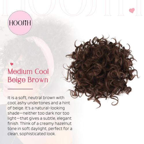 Color Brown HOOJIH Curly Hair Bun, Elastic Drawstring Loose Wave Messy Bun 1PC Large Full Hair Bun Extension Hairpiece Short Synthetic Ponytail Extension for Women - Medium Cool Beige Brown
