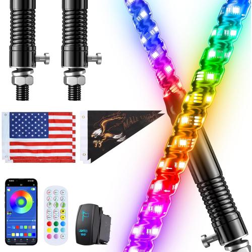 2 PCS 4FT Whip Lights with Spring Base, APP & Remote Control Led Whip Lights for Side by Side, Spiral RGB Chasing Lighted Whips with Rocker Switch, Music Led Whips for UTV ATV RZR SXS Can-Am
