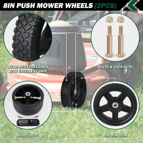 CheeMuii 8 Inch Lawn Mower Wheels 2 Pack 8 Push Lawn Mower Wheels with Bolts and Lock Nuts Kit Fit for Most Standard push Lawn Mowers/Generator/Garden Tiller/Handtruck