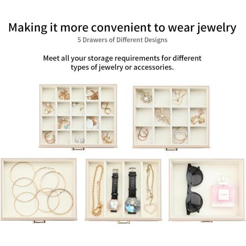Jewelry Storage Box, Jewelry Organizer with 22 Necklace Hooks, Large Jewelry Box for Ring Bracelet Necklace Earrings (Apricot)