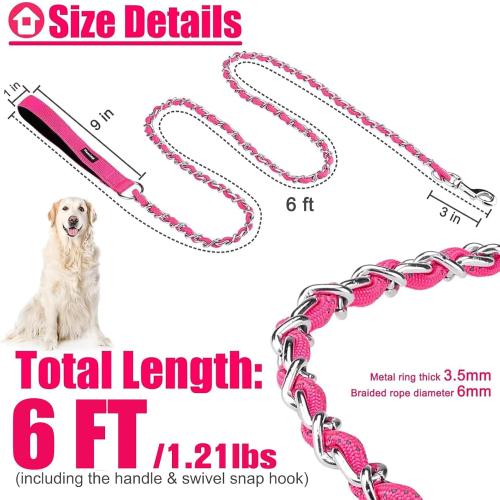 HOMIMP Chew Proof Dog Leash for Medium Large Dogs, Reflective 6 FT Heavy Duty Metal Chain Dog Leashes with Soft Padded Handle, Anti Bite Durable Rope Leashes for Pitbull, Non Chewable