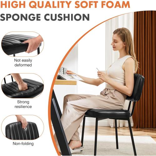 Sweetcrispy Dining Chairs Set of 2, Upholstered Mid Century Modern Kitchen Accent Chairs with Faux Leather Cushion Seat & Metal Legs for Home Office, Living Room - Black