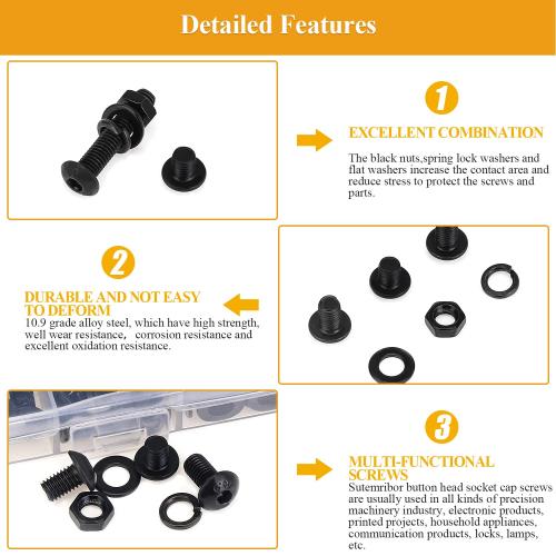 242 Pieces M5 Screws Nuts Washers Set Black, Sutemribor M5 x 8/10/12/16/20/25/30mm Button Head Socket Cap Screws Nuts Washers Assortment Kit, 10.9 Grade Alloy Steel, Fully Threaded