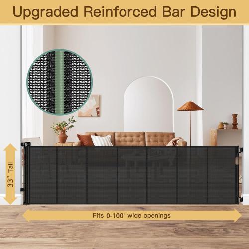 Black 100 Inch Extra Wide 33” Tall Reinforced Bars Retractable Baby Gates Extra Wide Baby Gate for Large Openings Anti-Scratch 8.3ft Long Dog Gate Indoor Reinforced Retractable Dog Gates for Doorways, Black