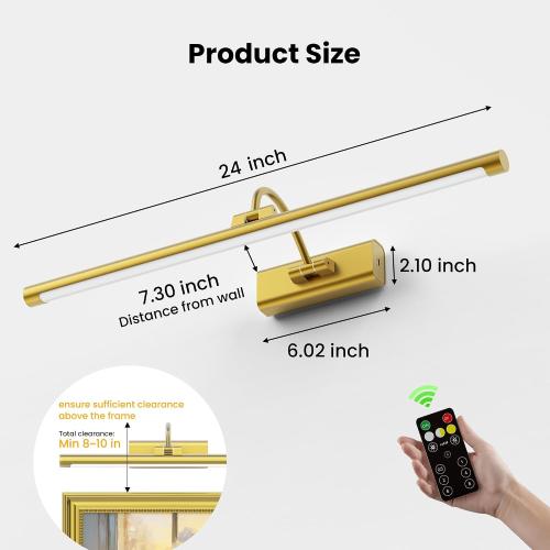 24 Picture Frame Light with 1pcs Extra 8000mAh Battery - Brass Cordless Rechargeable Wall Sconce with Remote for Office, Hallway & Large Art