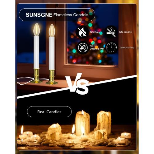 SUNSGNE Christmas Electric Window Candle Lights with Auto Sensor, Dusk to Dawn Candle Lamps with Gold Plated Base, 9'' Plug in Candle Lights with 0.6W LED E12 Bulbs for Window Table Decor, 4 Pack