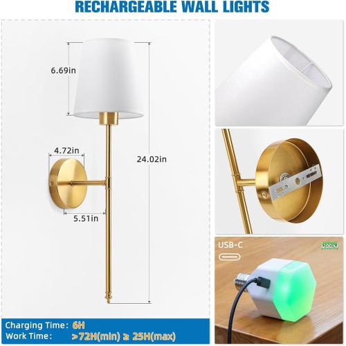Battery Operated Wall Sconce Set of 2,Gold Rechargeable Wall Lights with 10400mAh Dimmable Bulbs and Remote,10 Colors Wireless Wall Lamps for Bedroom Living Room Hallway Decor