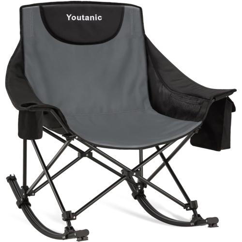 Youtanic Oversized Folding Rocking Camping Chair, Padded Portable Rocking Chair with Pockets, Cup Holder and Carry Bag, Heavy Duty Outdoor Rocker Patio Chair for Garden, Lawn, Yard, Up to 400lbs, Gray