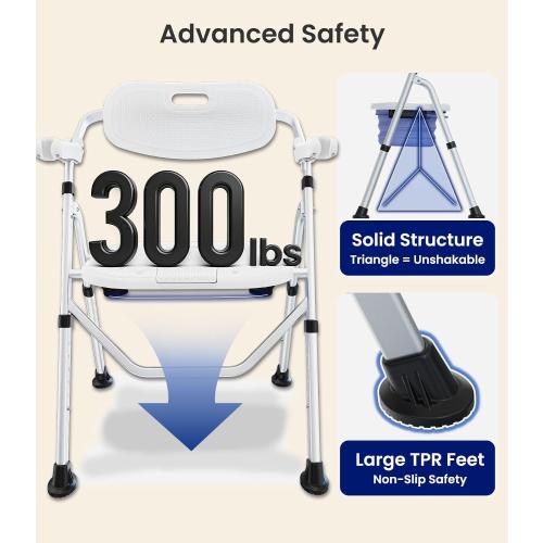 VOCIC Folding Shower Chair for Inside Shower, Lab-Tested 300lbs Heavy Duty Shower Seat for Elderly & Disabled, Flip-Up Arms, Cutout Seat, Height Adjustable Back & Legs, Portable Shower Commode Chair