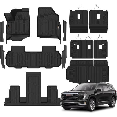 Floor Mats & Cargo Liner for GMC Acadia 2024 2025 2026 (Only 7 Seats) All Weather TPE Set, Door Sill Protectors, 2nd-Row Seat Back Protectors & 3rd Row Backrest Mat – Black Accessories