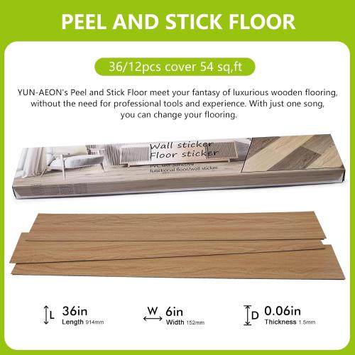Yun-aeon Rustic Oak Peel and Stick Floor Tiles 36-Pack 54 Sq Ft Rustic Oak Stripe Self Adhesive Wood Grain Planks Removable Vinyl Flooring Art Deco for Bedroom Living Room