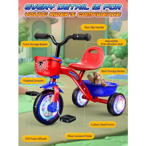 Tricycle for Toddlers 1-3 3-5 Year Olds, Spider Toddler Bike Baby Balance Bike with Colorful Lighting Wheels & Large Basket, Birthday Gift and Toy for 1 2 3 4 5 Year Olds Boys and Girls