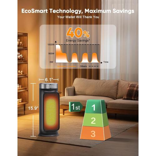 1500W PTC Quiet Space Heater with Remote Control, 15.8“ Portable Electric Heaters for Indoor Use, 75°Oscillation Ceramic Heater for Office, 24H Timer, 5 Modes, Fast Safe Quiet Room Heater for Bedroom