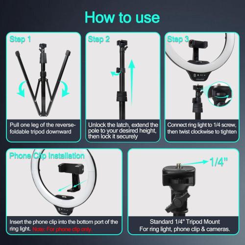 UBeesize 14'' LED Foldable Ring Light with 62'' Tripod Stand, Selfie Ring Light for Video Recording, Live Streaming, TikTok & YouTube, Compatible with iPhone & Android (Black)