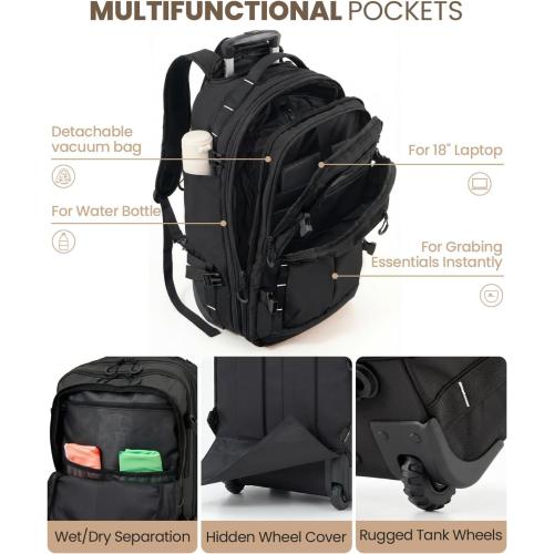 Fanwoli Rolling Vacuum Backpack Travel with One-Button Compression, 55L Expandable, Water Resistant Carry-On Suitcase Luggage, Ideal for Outdoor/Family/Trips