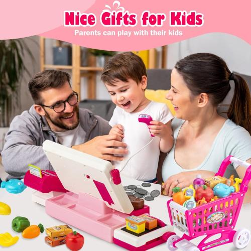 Kids Cash Register Toy with Shopping Cart Toddler Pretend Play Store Cashier Register for Kids with Music / Real Calculator / Scanner Learning Toys for Girls Birthday Gift for 3-8 Year Old Girl