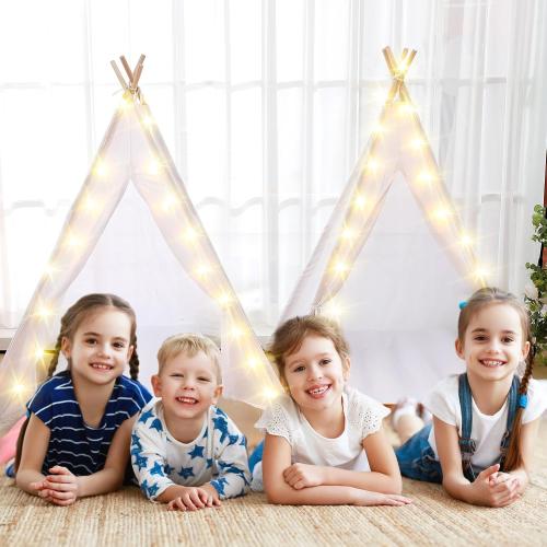 2 Pack Kids Teepee Tent with Mattress,Fitted Sheet,Light String,Washable Natural Cotton Toddler Play Tent for Girls Boys Indoor Outdoor Sleepover Slumber Birthday Party(White)