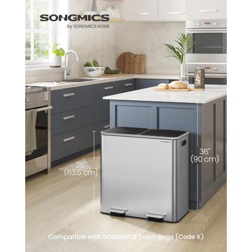 SONGMICS Trash Can, 2 x 10.6 Gallon (2 x 40 L) Garbage Can for Kitchen, with 15 Trash Bags, 2 Compartments, Plastic Inner Buckets and Hinged Lids, Airtight, Silver and Black ULTB730E80