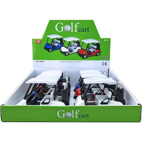6 Pack: Diecast Golf Carts Toy with Clubs, Alloy Metal Mini Model 1:20 Scale Golfcart Pullback Vehicles for Golfing Themed Office Desk Decor, Bulk Birthday Party Cake Decorations (4.75 Inches)