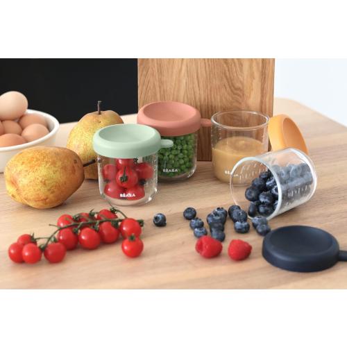 BEABA 4 Pack Glass Baby Food Jars with Soft Silicone Air Tight Lids, 8 oz Glass Storage Containers with Lids, Microwave and Freezer Safe Containers, Sunrise