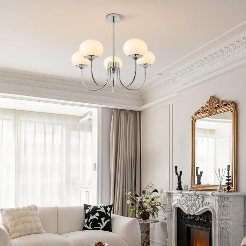 BOKT 5 Light Globe Chandelier Modern Milk Glass Chandelier Pendant Light White and Silver Vintage Semi-Flush Mount Ceiling Light for Kitchen Island Living Dining Room