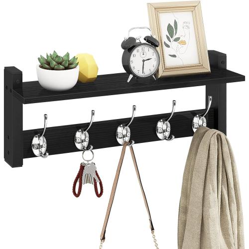 Homode Wall Coat Rack With Shelf, Wood Entryway Hanger With Hooks, Small Floating Pegs for Hanging Coats, Hats, Purses, Backpacks, Black