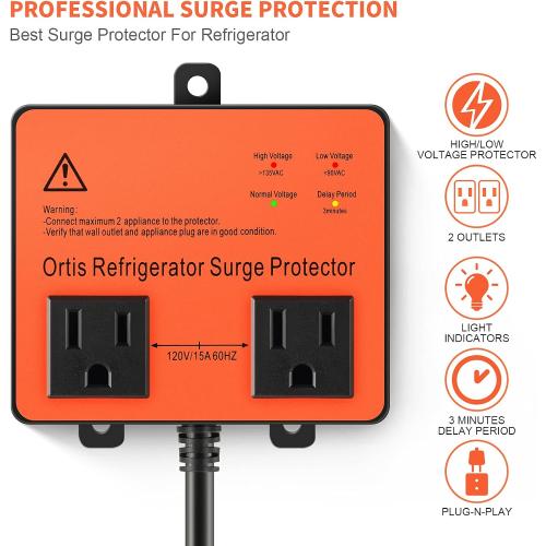 Refrigerator Surge Protector, Ortis Double Outlet Voltage Protector for Home Appliances with Time Delay, 5ft Power Cord, Protects Against Brownout, Spike, Instant Surge All Voltage Abnormalities